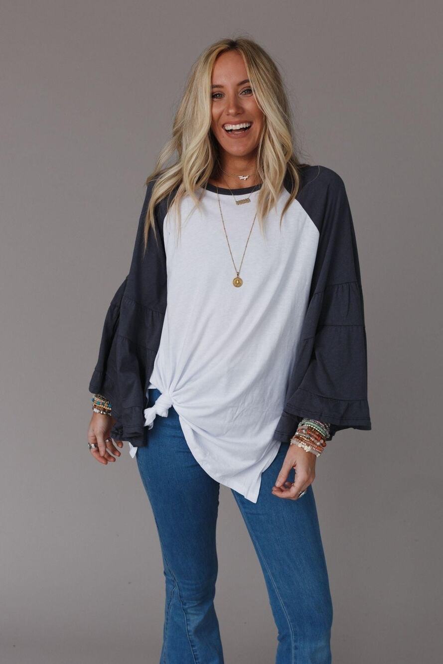 Three Bird Nest Bell Sleeve Baseball Tee in Charcoal size small
